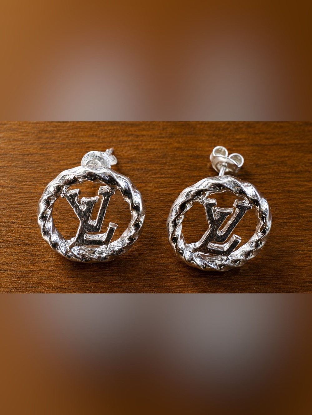 Silver Tone LV Logo Style Stud Earrings